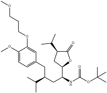 Carbamic acid, N-[(1S,3S)-3-[[4-methoxy-3-(3-methoxypropoxy)phenyl]methyl]-4-methyl-1-[(2R,4S)-tetrahydro-4-(1-methylethyl)-5-oxo-2-furanyl]pentyl]-, 1,1-dimethylethyl ester Struktur