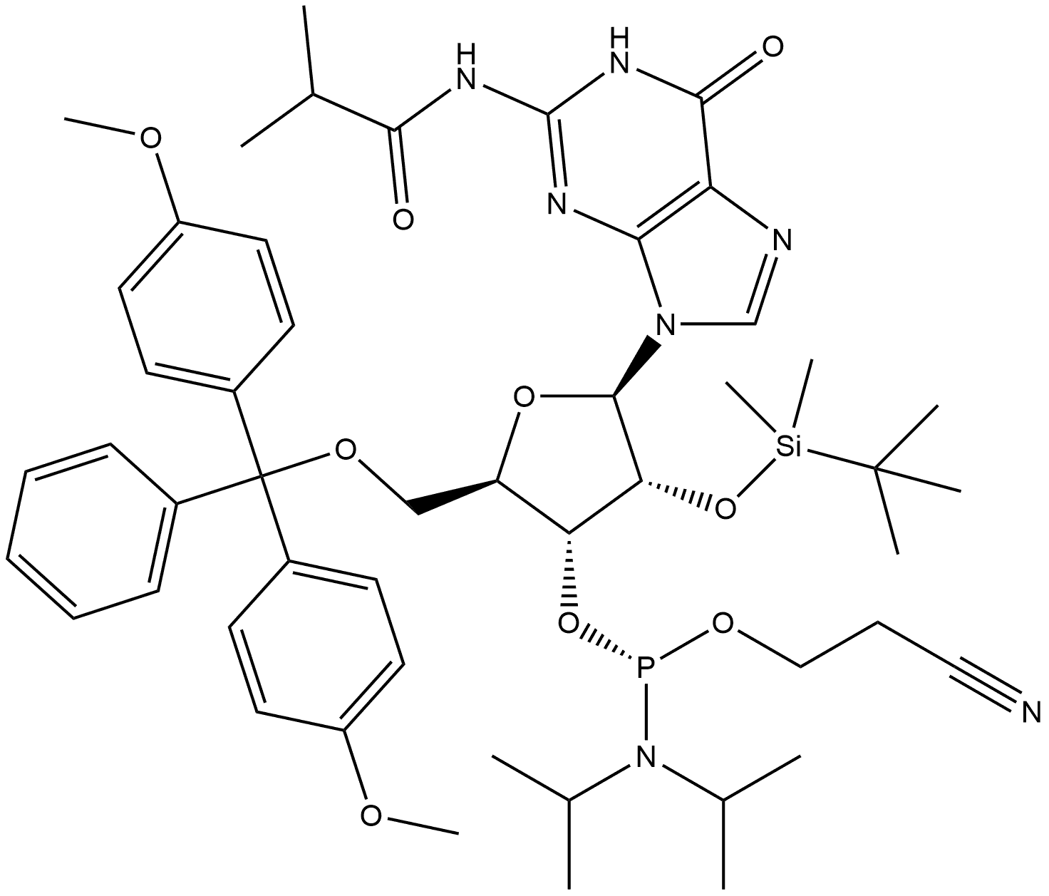 Guanosine, 5'-O-[bis(4-methoxyphenyl)phenylmethyl]-2'-O-[(1,1-dimethylethyl)dimethylsilyl]-N-(2-methyl-1-oxopropyl)-, 3'-[2-cyanoethyl bis(1-methylethyl)phosphoramidite], (R)- (9CI) Struktur