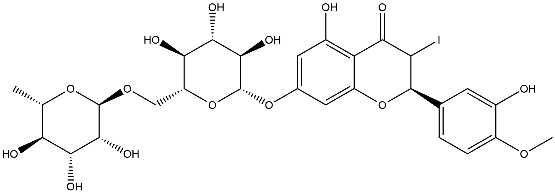 4H-1-Benzopyran-4-one, 7-[[6-O-(6-deoxy-α-L-mannopyranosyl)-β-D-glucopyranosyl]oxy]-2,3-dihydro-5-hydroxy-2-(3-hydroxy-4-methoxyphenyl)-3-iodo-, (2R)- Struktur