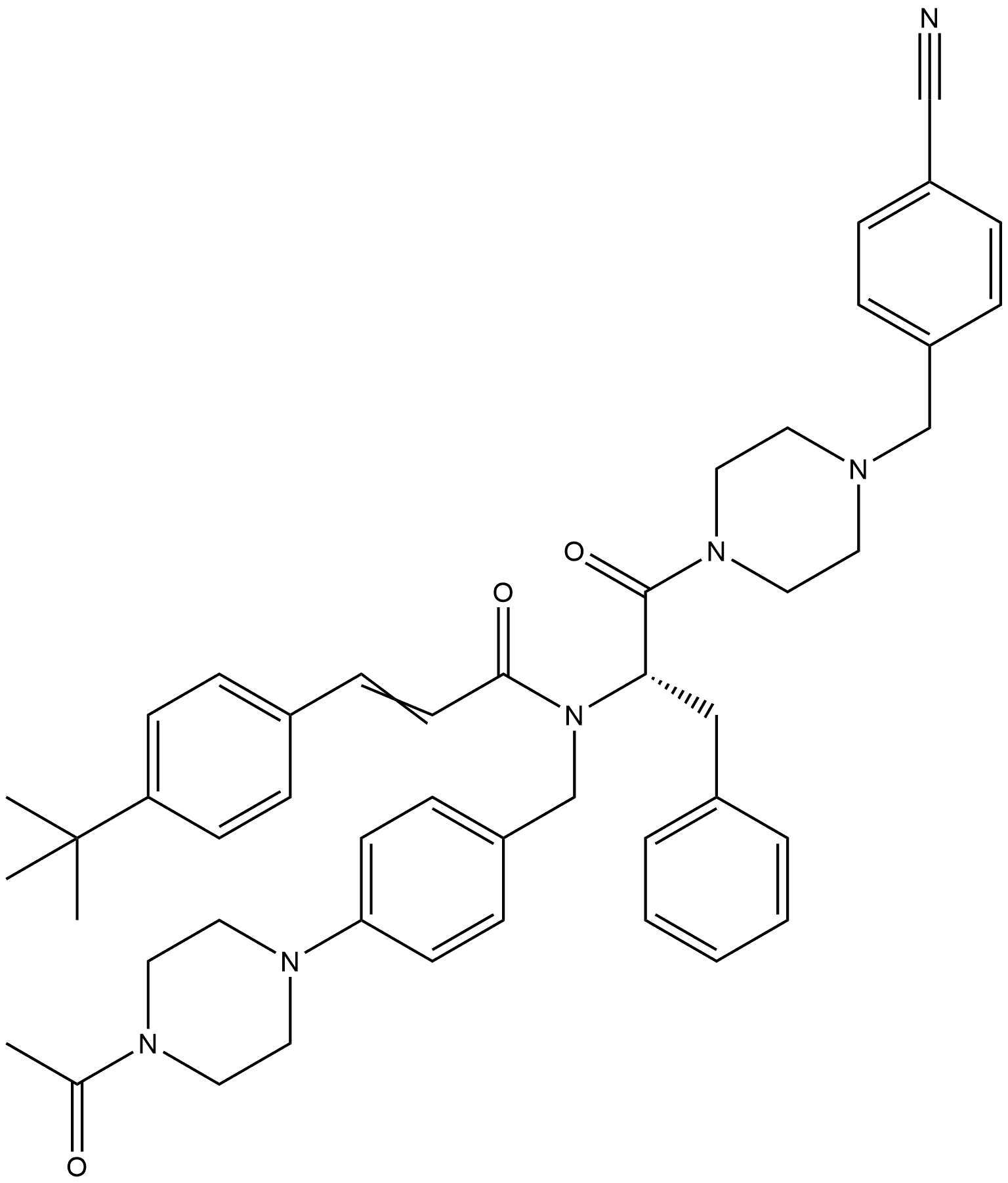 N-[[4-(4-Acetyl-1-piperazinyl)phenyl]methyl]-N-[(1S)-2-[4-[(4-cyanophenyl)methyl]-1-piperazinyl]-2-oxo-1-(phenylmethyl)ethyl]-3-[4-(1,1-dimethylethyl)phenyl]-2-propenamide Struktur