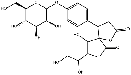 4-[4-[(α-D-Glucopyranosyl)oxy]phenyl]-9-hydroxy-8-(1,2-dihydroxyethyl)-1,7-dioxaspiro[4.4]nonane-2,6-dione Struktur