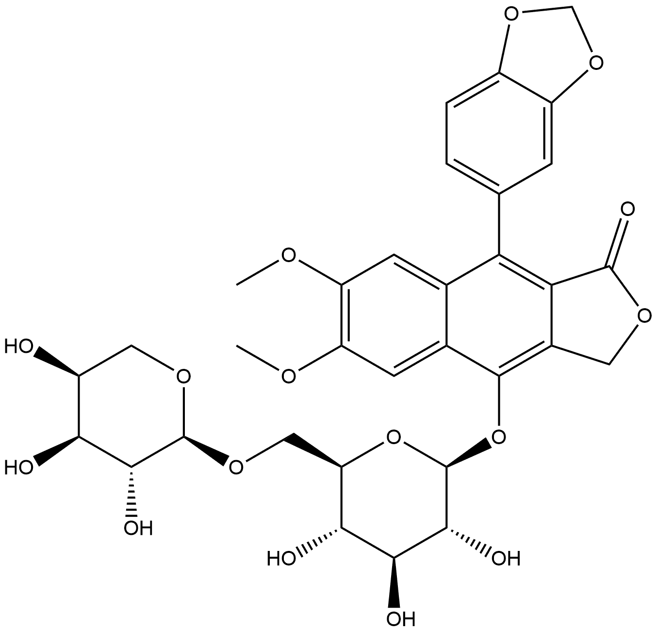 Naphtho[2,3-c]furan-1(3H)-one, 4-[(6-O-α-L-arabinopyranosyl-β-D-glucopyranosyl)oxy]-9-(1,3-benzodioxol-5-yl)-6,7-dimethoxy- Struktur