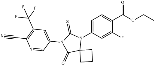 Benzoic acid, 4-[7-[6-cyano-5-(trifluoromethyl)-3-pyridinyl]-8-oxo-6-thioxo-5,7-diazaspiro[3.4]oct-5-yl]-2-fluoro-, ethyl ester Struktur