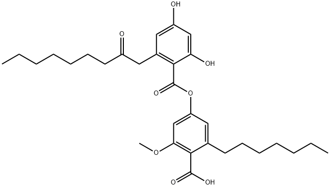 Benzoic acid, 2,4-dihydroxy-6-(2-oxononyl)-, 4-carboxy-3-heptyl-5-methoxyphenyl ester Struktur