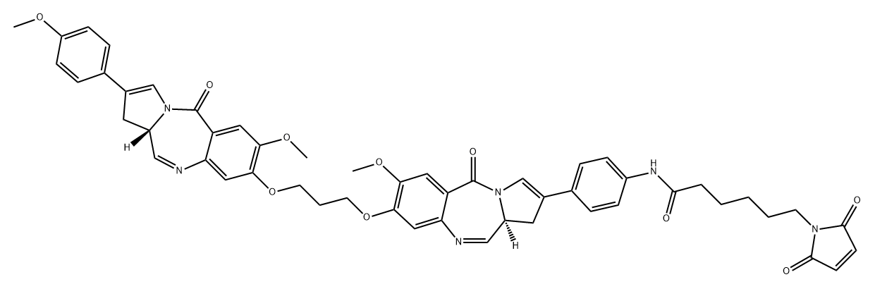 1H-Pyrrole-1-hexanamide, N-[4-[(11aS)-8-[3-[[(11aS)-5,11a-dihydro-7-methoxy-2-(4-methoxyphenyl)-5-oxo-1H-pyrrolo[2,1-c][1,4]benzodiazepin-8-yl]oxy]propoxy]-5,11a-dihydro-7-methoxy-5-oxo-1H-pyrrolo[2,1-c][1,4]benzodiazepin-2-yl]phenyl]-2,5-dihydro-2,5-dioxo- Struktur