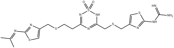 N-[4-[[[[5-[2-[[[2-[(1-Methylethylidene)amino]-4-thiazolyl]methyl]thio]ethyl]-1,1-dioxido-2H-1,2,4,6-thiatriazin-3-yl]methyl]thio]methyl]-2-thiazolyl]guanidine Struktur