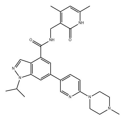 1H-Indazole-4-carboxamide, N-[(1,2-dihydro-4,6-dimethyl-2-oxo-3-pyridinyl)methyl]-1-(1-methylethyl)-6-[6-(4-methyl-1-piperazinyl)-3-pyridinyl]- Struktur