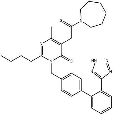 4(3H)-Pyrimidinone, 2-butyl-5-[2-(hexahydro-1H-azepin-1-yl)-2-thioxoethyl]-6-methyl-3-[[2'-(2H-tetrazol-5-yl)[1,1'-biphenyl]-4-yl]methyl]- Struktur