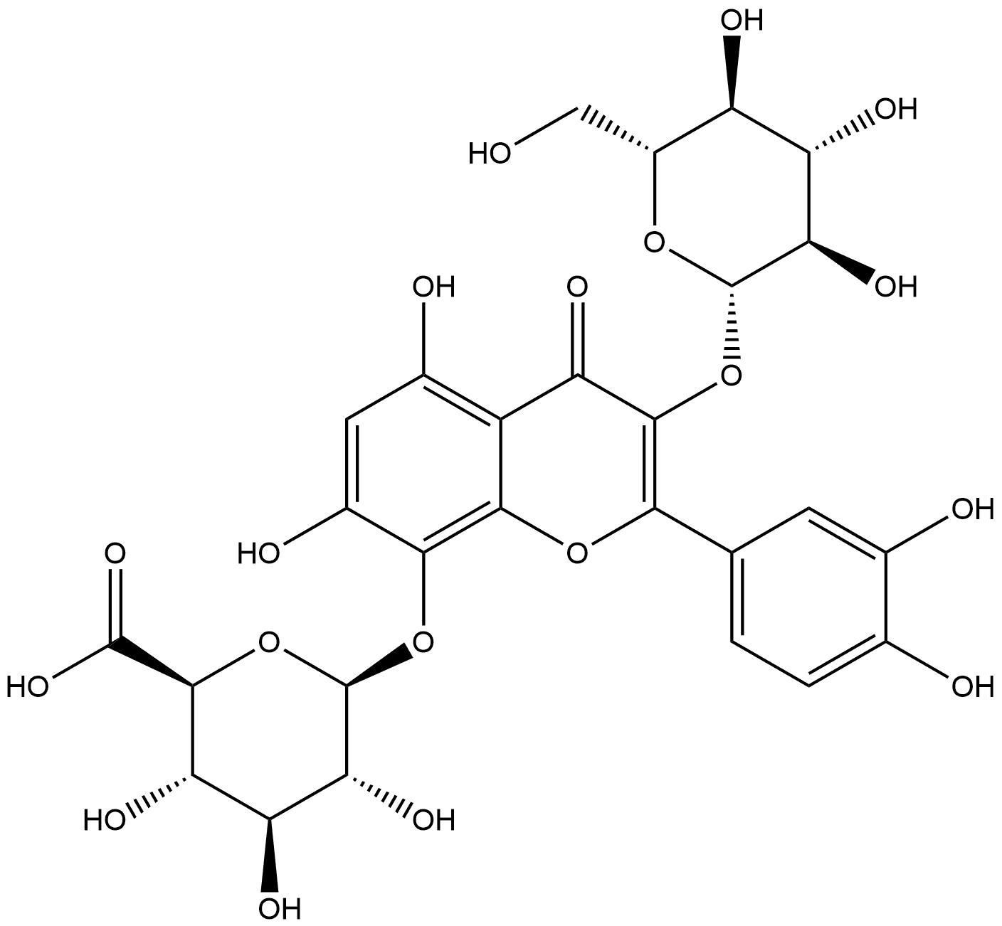 β-D-Glucopyranosiduronic acid, 2-(3,4-dihydroxyphenyl)-3-(β-D-glucopyranosyloxy)-5,7-dihydroxy-4-oxo-4H-1-benzopyran-8-yl Struktur