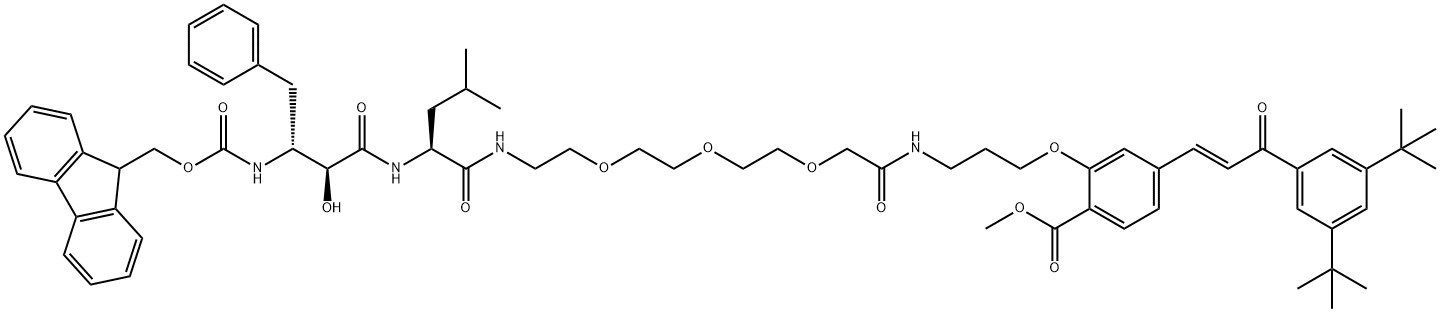 12,15,18-Trioxa-2,6,9,21-tetraazatetracosanoic acid, 24-[5-[(1E)-3-[3,5-bis(1,1-dimethylethyl)phenyl]-3-oxo-1-propen-1-yl]-2-(methoxycarbonyl)phenoxy]-4-hydroxy-7-(2-methylpropyl)-5,8,20-trioxo-3-(phenylmethyl)-, 9H-fluoren-9-ylmethyl ester, (3R,4S,7S)- Struktur