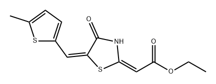 Acetic acid, 2-[(5E)-5-[(5-methyl-2-thienyl)methylene]-4-oxo-2-thiazolidinylidene]-, ethyl ester, (2E)- Struktur