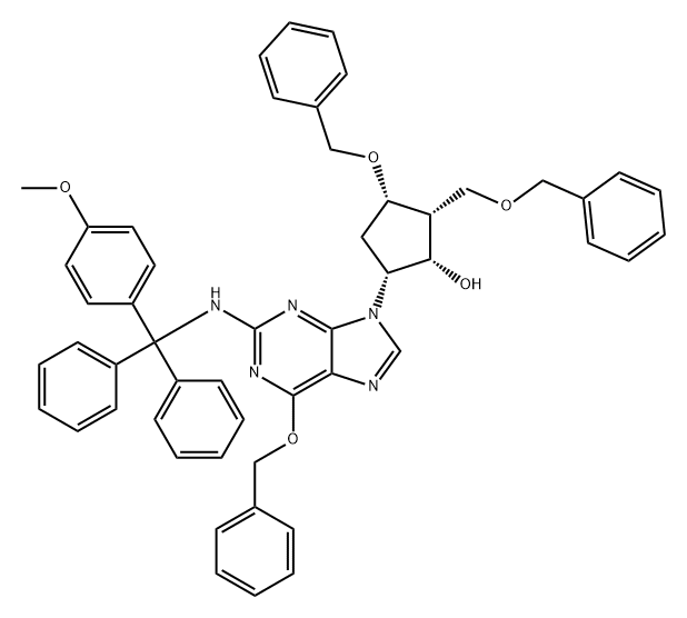 Cyclopentanol, 5-[2-[[(4-methoxyphenyl)diphenylmethyl]amino]-6-(phenylmethoxy)-9H-purin-9-yl]-3-(phenylmethoxy)-2-[(phenylmethoxy)methyl]-, (1S,2R,3S,5R)- Struktur