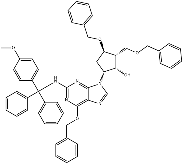 Cyclopentanol, 5-[2-[[(4-methoxyphenyl)diphenylmethyl]amino]-6-(phenylmethoxy)-9H-purin-9-yl]-3-(phenylmethoxy)-2-[(phenylmethoxy)methyl]-, (1S,2R,3R,5R)- Struktur