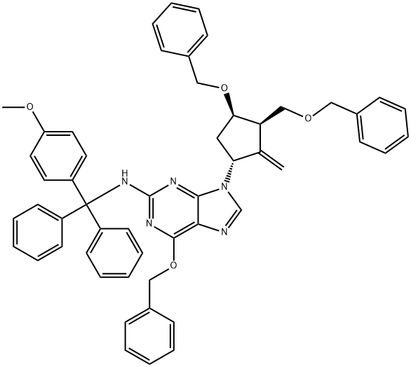 9H-Purin-2-amine, N-[(4-methoxyphenyl)diphenylmethyl]-9-[(1R,3R,4R)-2-methylene-4-(phenylmethoxy)-3-[(phenylmethoxy)methyl]cyclopentyl]-6-(phenylmethoxy)- Struktur