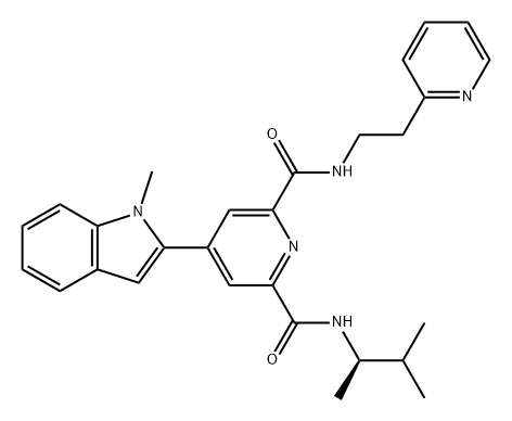 2,6-Pyridinedicarboxamide, N2-[(1R)-1,2-dimethylpropyl]-4-(1-methyl-1H-indol-2-yl)-N6-[2-(2-pyridinyl)ethyl]- Struktur