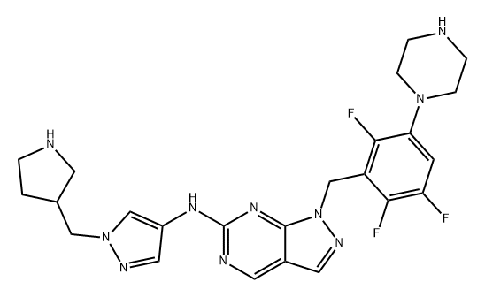 1H-Pyrazolo[3,4-d]pyrimidin-6-amine, N-[1-(3-pyrrolidinylmethyl)-1H-pyrazol-4-yl]-1-[[2,3,6-trifluoro-5-(1-piperazinyl)phenyl]methyl]- Struktur