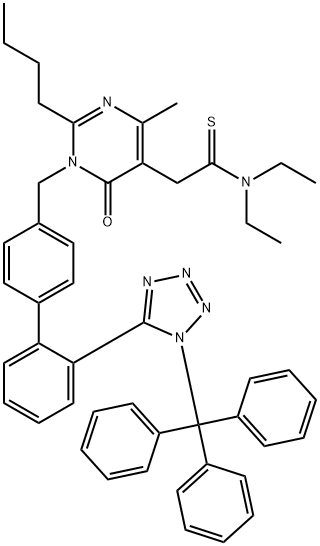 5-Pyrimidineethanethioamide, 2-butyl-N,N-diethyl-1,6-dihydro-4-methyl-6-oxo-1-[[2'-[1-(triphenylmethyl)-1H-tetrazol-5-yl][1,1'-biphenyl]-4-yl]methyl]- Struktur