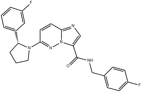 Imidazo[1,2-b]pyridazine-3-carboxamide, N-[(4-fluorophenyl)methyl]-6-[(2R)-2-(3-fluorophenyl)-1-pyrrolidinyl]- Struktur