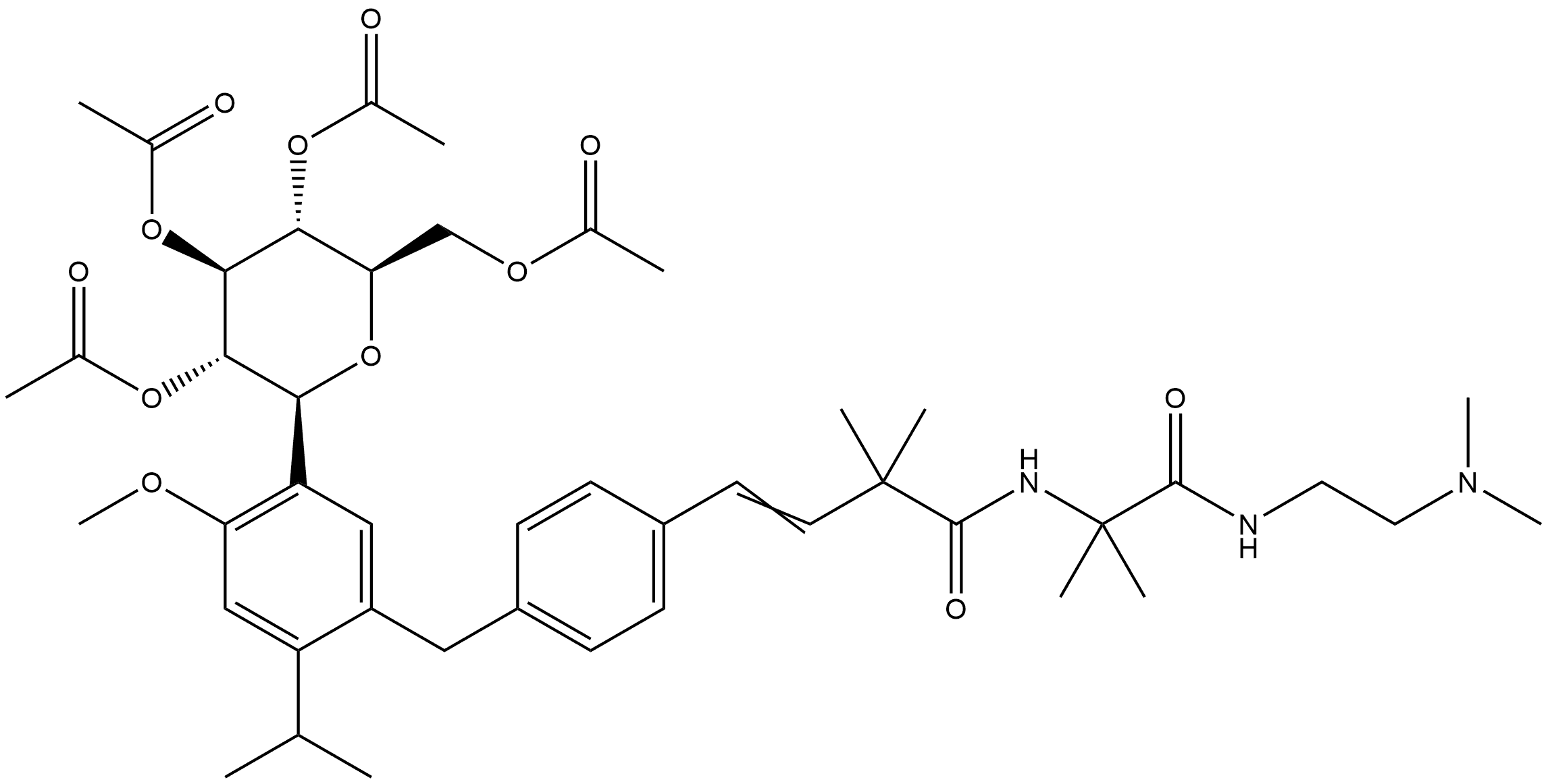 3-Butenamide, N-[2-[[2-(dimethylamino)ethyl]amino]-1,1-dimethyl-2-oxoethyl]-4-[4-[[4-methoxy-2-(1-methylethyl)-5-(2,3,4,6-tetra-O-acetyl-β-D-glucopyranosyl)phenyl]methyl]phenyl]-2,2-dimethyl- Struktur