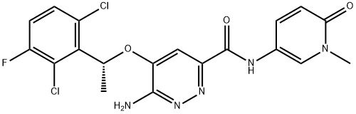 3-Pyridazinecarboxamide, 6-amino-5-[(1R)-1-(2,6-dichloro-3-fluorophenyl)ethoxy]-N-(1,6-dihydro-1-methyl-6-oxo-3-pyridinyl)- Struktur