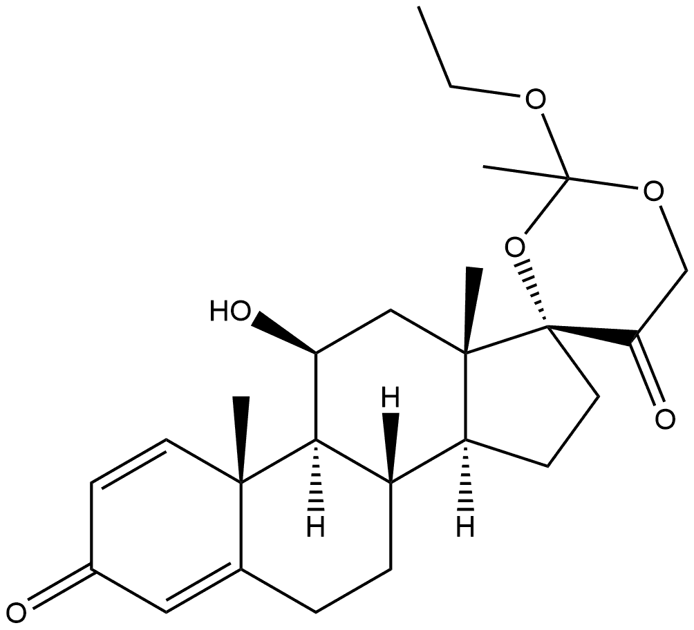 Pregna-1,4-diene-3,20-dione, 17,21-[(1-ethoxyethylidene)bis(oxy)]-11-hydroxy-, (11β)- Struktur