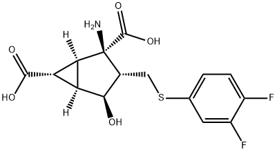 Bicyclo[3.1.0]hexane-2,6-dicarboxylic acid, 2-amino-3-[[(3,4-difluorophenyl)thio]methyl]-4-hydroxy-, (1S,2R,3S,4S,5R,6R)- Struktur