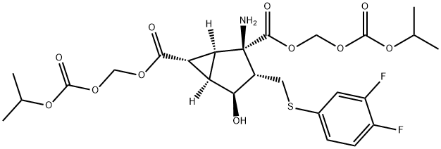 Bicyclo[3.1.0]hexane-2,6-dicarboxylic acid, 2-amino-3-[[(3,4-difluorophenyl)thio]methyl]-4-hydroxy-, 2,6-bis[[[(1-methylethoxy)carbonyl]oxy]methyl] ester, (1S,2R,3S,4S,5R,6R)- Struktur