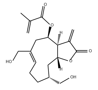 2-Propenoic acid, 2-methyl-, (3aS,4R,10R,11aR)-2,3,3a,4,5,8,9,10,11,11a-decahydro-6,10-bis(hydroxymethyl)-3-methylene-2-oxocyclodeca[b]furan-4-yl ester Struktur