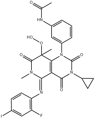 Acetamide, N-[3-[3-cyclopropyl-5-[(2-fluoro-4-iodophenyl)imino]-3,4,5,6,7,8-hexahydro-8-hydroperoxy-6,8-dimethyl-2,4,7-trioxopyrido[4,3-d]pyrimidin-1(2H)-yl]phenyl]- Struktur