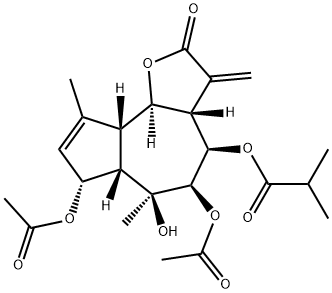 (3aS)-3aβ,4,5,6,6aβ,7,9aβ,9bα-Octahydro-5β,7α-diacetoxy-6β-hydroxy-3-methylene-4-(2-methylpropanoyloxy)-6,9-dimethylazuleno[4,5-b]furan-2(3H)-one Struktur