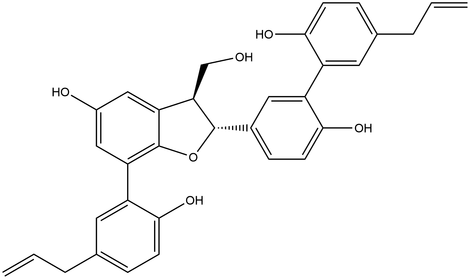 [1,1'-Biphenyl]-2,2'-diol, 5-[(2R,3S)-2,3-dihydro-5-hydroxy-3-(hydroxymethyl)-7-[2-hydroxy-5-(2-propen-1-yl)phenyl]-2-benzofuranyl]-5'-(2-propen-1-yl)-, rel-(+)- Struktur