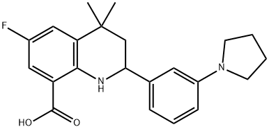 8-Quinolinecarboxylic acid, 6-fluoro-1,2,3,4-tetrahydro-4,4-dimethyl-2-[3-(1-pyrrolidinyl)phenyl]- Struktur