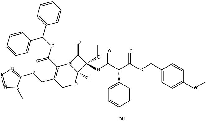 5-Oxa-1-azabicyclo[4.2.0]oct-2-ene-2-carboxylic acid, 7-[[(2R)-2-(4-hydroxyphenyl)-3-[(4-methoxyphenyl)methoxy]-1,3-dioxopropyl]amino]-7-methoxy-3-[[(1-methyl-1H-tetrazol-5-yl)thio]methyl]-8-oxo-, diphenylmethyl ester, (6R,7R)- Struktur