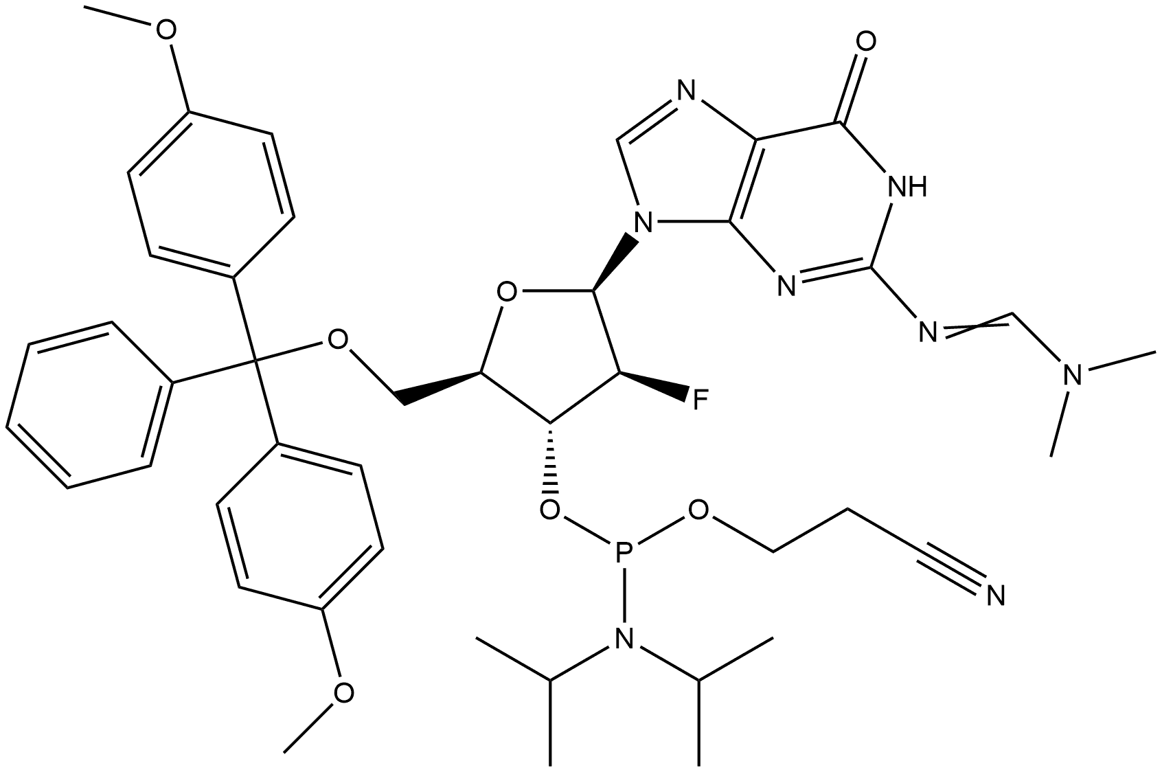 Methanimidamide, N'-[9-[5-O-[bis(4-methoxyphenyl)phenylmethyl]-3-O-[[bis(1-methylethyl)amino](2-cyanoethoxy)phosphino]-2-deoxy-2-fluoro-β-D-arabinofuranosyl]-6,9-dihydro-6-oxo-1H-purin-2-yl]-N,N-dimethyl- Struktur