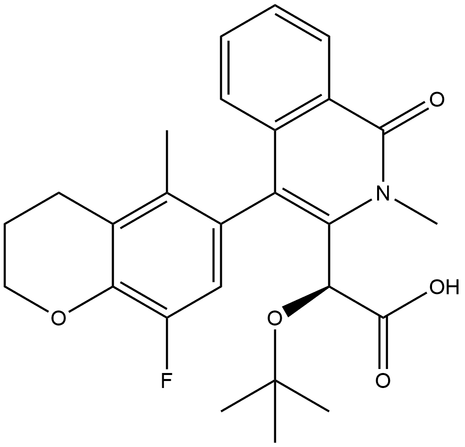 3-Isoquinolineacetic acid, α-(1,1-dimethylethoxy)-4-(8-fluoro-3,4-dihydro-5-methyl-2H-1-benzopyran-6-yl)-1,2-dihydro-2-methyl-1-oxo-, (αS)- Struktur