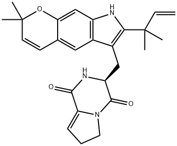 Pyrrolo[1,2-a]pyrazine-1,4-dione, 3-[[7-(1,1-dimethyl-2-propen-1-yl)-2,8-dihydro-2,2-dimethylpyrano[3,2-f]indol-6-yl]methyl]-2,3,6,7-tetrahydro-, (3S)- Struktur