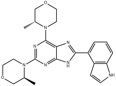 9H-Purine, 8-(1H-indol-4-yl)-6-[(3R)-3-methyl-4-morpholinyl]-2-[(3S)-3-methyl-4-morpholinyl]- Struktur