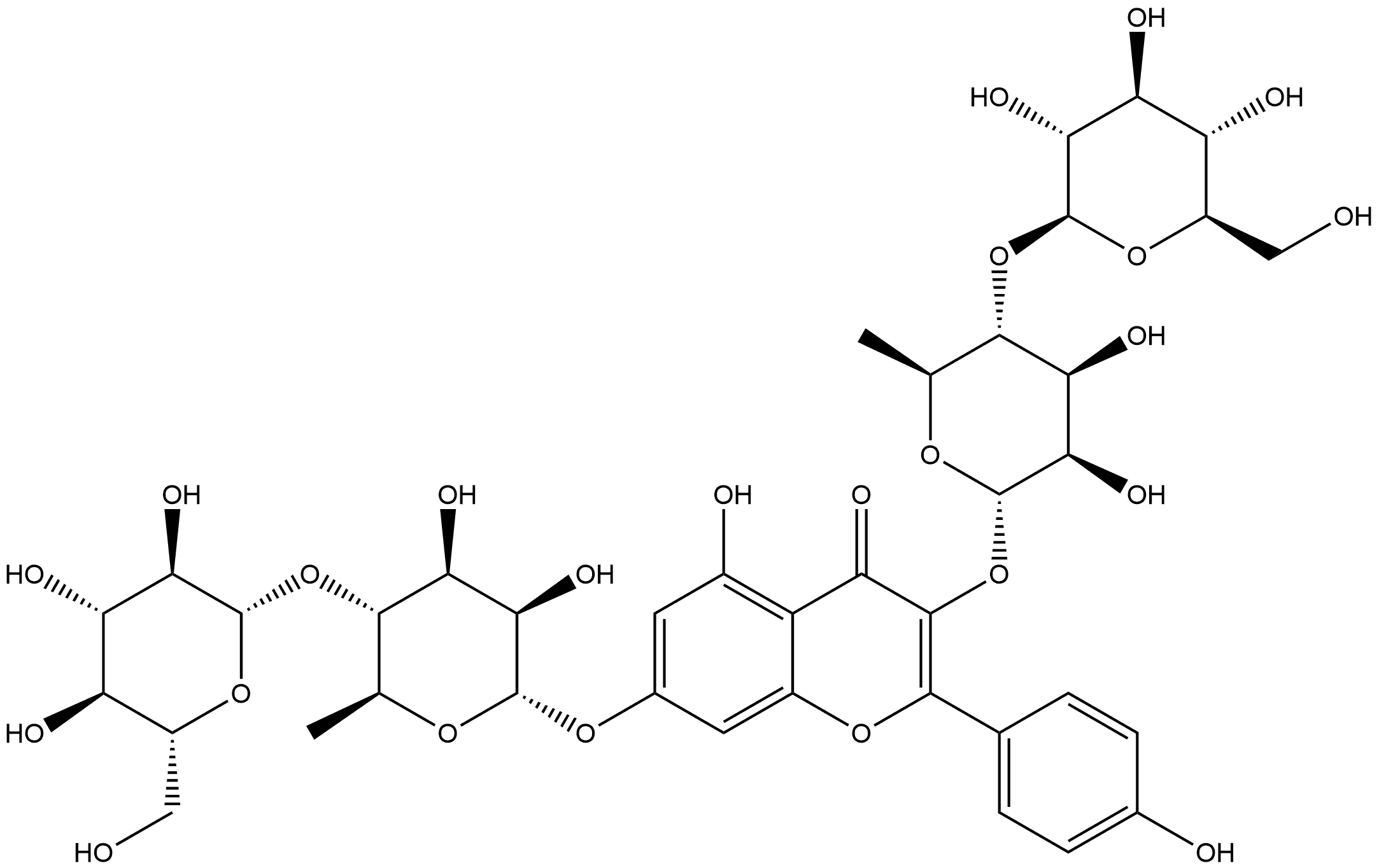 4H-1-Benzopyran-4-one, 3,7-bis[(6-deoxy-4-O-β-D-glucopyranosyl-α-L-mannopyranosyl)oxy]-5-hydroxy-2-(4-hydroxyphenyl)- Struktur