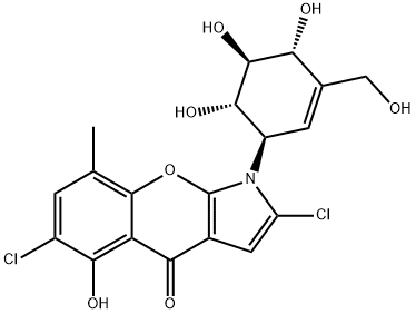 [1]Benzopyrano[2,3-b]pyrrol-4(1H)-one, 2,6-dichloro-5-hydroxy-8-methyl-1-[(1R,4R,5S,6S)-4,5,6-trihydroxy-3-(hydroxymethyl)-2-cyclohexen-1-yl]- Struktur