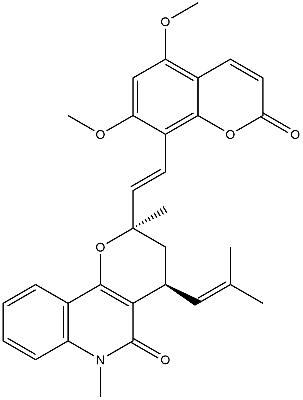 5H-Pyrano[3,2-c]quinolin-5-one, 2-[2-(5,7-dimethoxy-2-oxo-2H-1-benzopyran-8-yl)ethenyl]-2,3,4,6-tetrahydro-2,6-dimethyl-4-(2-methyl-1-propenyl)-, [2R-[2α(E),4α]]- (9CI) Struktur