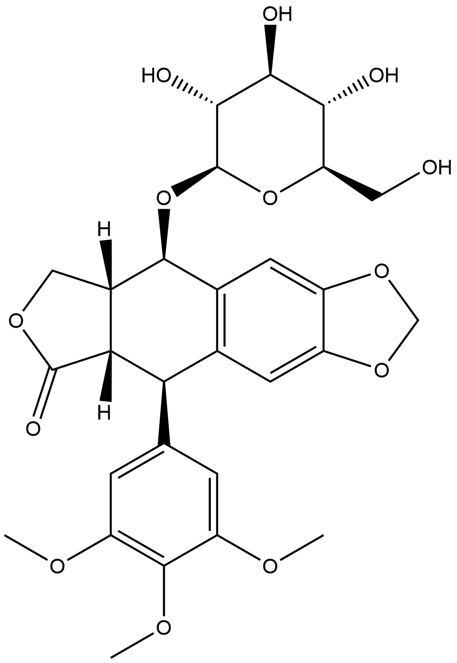 Furo[3',4':6,7]naphtho[2,3-d]-1,3-dioxol-6(5aH)-one, 9-(β-D-glucopyranosyloxy)-5,8,8a,9-tetrahydro-5-(3,4,5-trimethoxyphenyl)-, (5R,5aS,8aR,9R)- Struktur