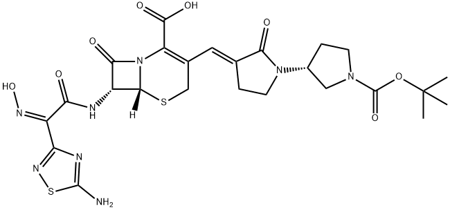 5-Thia-1-azabicyclo[4.2.0]oct-2-ene-2-carboxylic acid, 7-[[(2Z)-2-(5-amino-1,2,4-thiadiazol-3-yl)-2-(hydroxyimino)acetyl]amino]-3-[(E)-[(3'R)-1'-[(1,1-dimethylethoxy)carbonyl]-2-oxo[1,3'-bipyrrolidin]-3-ylidene]methyl]-8-oxo-, (6R,7R)- Struktur