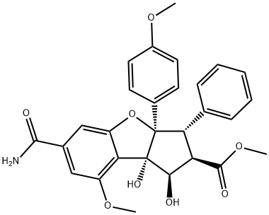 1H-Cyclopenta[b]benzofuran-2-carboxylic acid, 6-(aminocarbonyl)-2,3,3a,8b-tetrahydro-1,8b-dihydroxy-8-methoxy-3a-(4-methoxyphenyl)-3-phenyl-, methyl ester, (1R,2R,3S,3aR,8bS)- Struktur