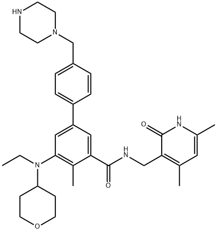 [1,1'-Biphenyl]-3-carboxamide, N-[(1,2-dihydro-4,6-dimethyl-2-oxo-3-pyridinyl)methyl]-5-[ethyl(tetrahydro-2H-pyran-4-yl)amino]-4-methyl-4'-(1-piperazinylmethyl)- Struktur