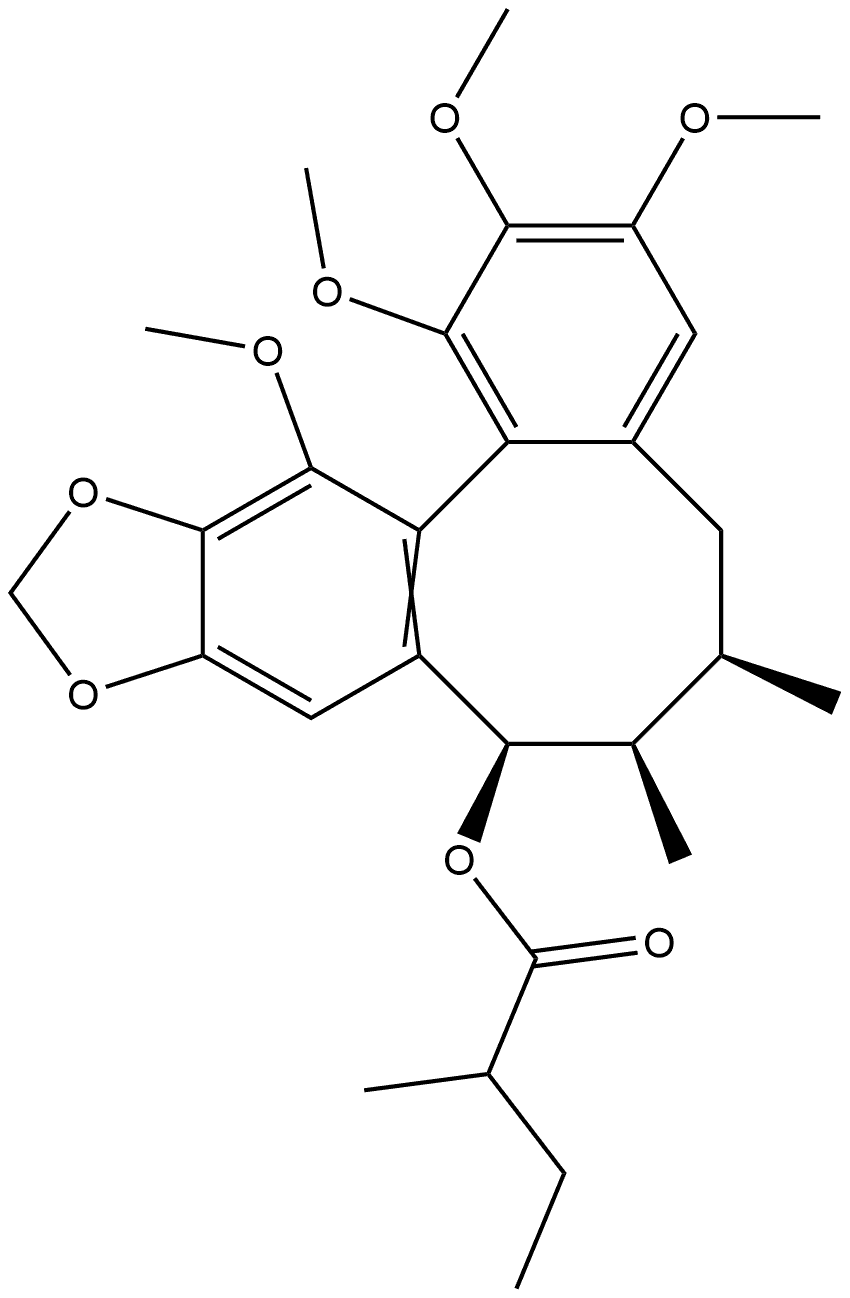 Butanoic acid, 2-methyl-, (6R,7R,8R,13aS)-5,6,7,8-tetrahydro-1,2,3,13-tetramethoxy-6,7-dimethylbenzo[3,4]cycloocta[1,2-f][1,3]benzodioxol-8-yl ester (9CI) Struktur