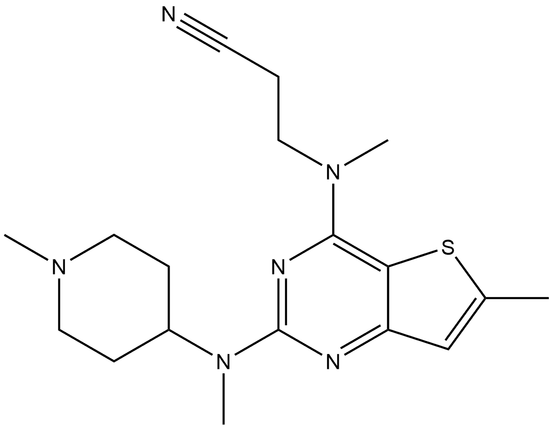 3-[Methyl[6-methyl-2-[methyl(1-methyl-4-piperidinyl)amino]thieno[3,2-d]pyrimidin-4-yl]amino]propanenitrile Struktur