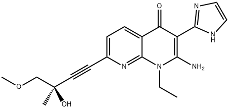 1,8-Naphthyridin-4(1H)-one, 2-amino-1-ethyl-7-[(3R)-3-hydroxy-4-methoxy-3-methyl-1-butyn-1-yl]-3-(1H-imidazol-2-yl)- Struktur