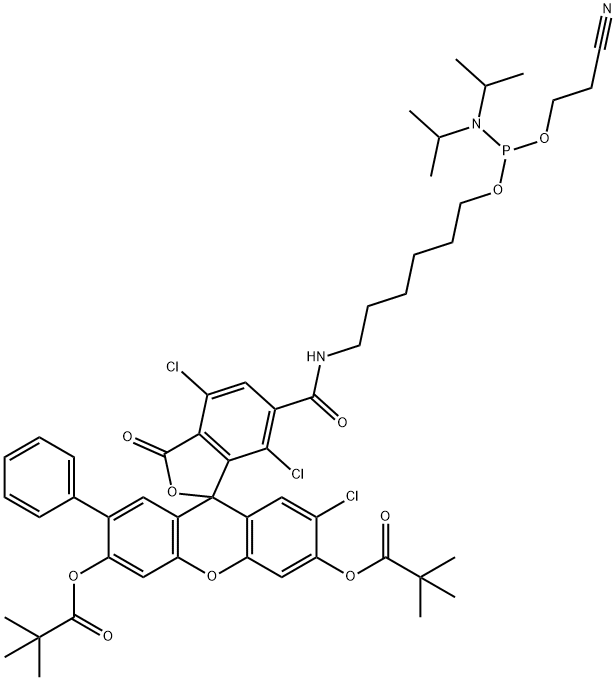 Propanoic acid, 2,2-dimethyl-, 1,1'-[6-[10-[bis(1-methylethyl)amino]-13-cyano-1-oxo-9,11-dioxa-2-aza-10-phosphatridec-1-yl]-2',4,7-trichloro-3-oxo-7'-phenylspiro[isobenzofuran-1(3H),9'-[9H]xanthene]-3',6'-diyl] ester Struktur