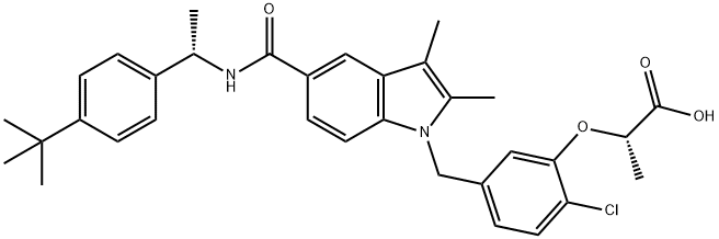 Propanoic acid, 2-[2-chloro-5-[[5-[[[(1S)-1-[4-(1,1-dimethylethyl)phenyl]ethyl]amino]carbonyl]-2,3-dimethyl-1H-indol-1-yl]methyl]phenoxy]-, (2S)- Struktur