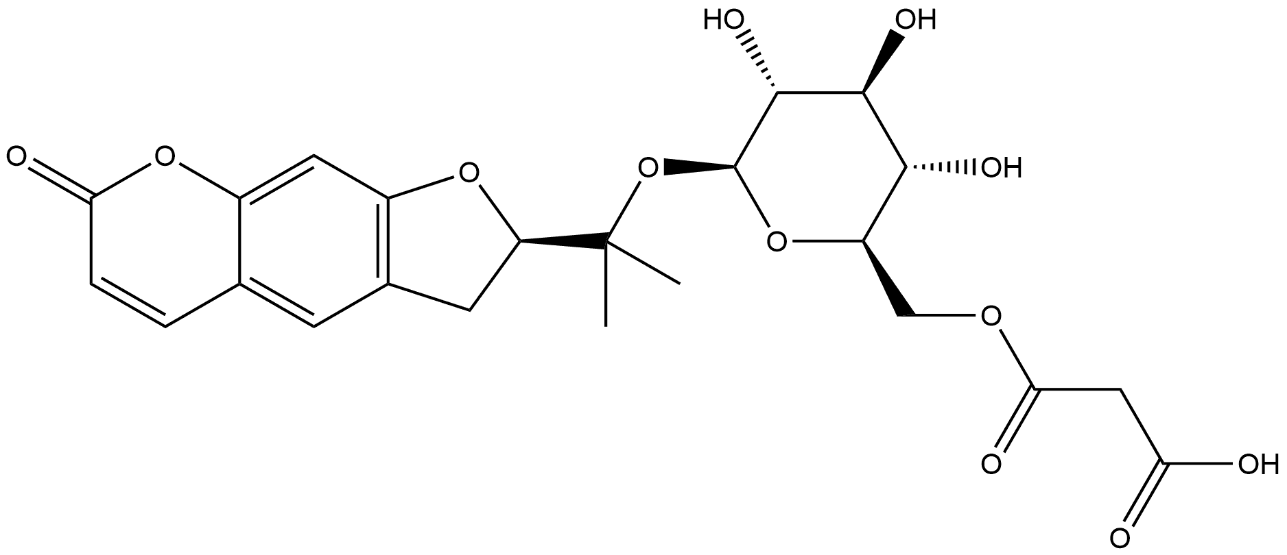 7H-Furo[3,2-g][1]benzopyran-7-one, 2-[1-[[6-O-(2-carboxyacetyl)-β-D-glucopyranosyl]oxy]-1-methylethyl]-2,3-dihydro-, (2R)- Struktur